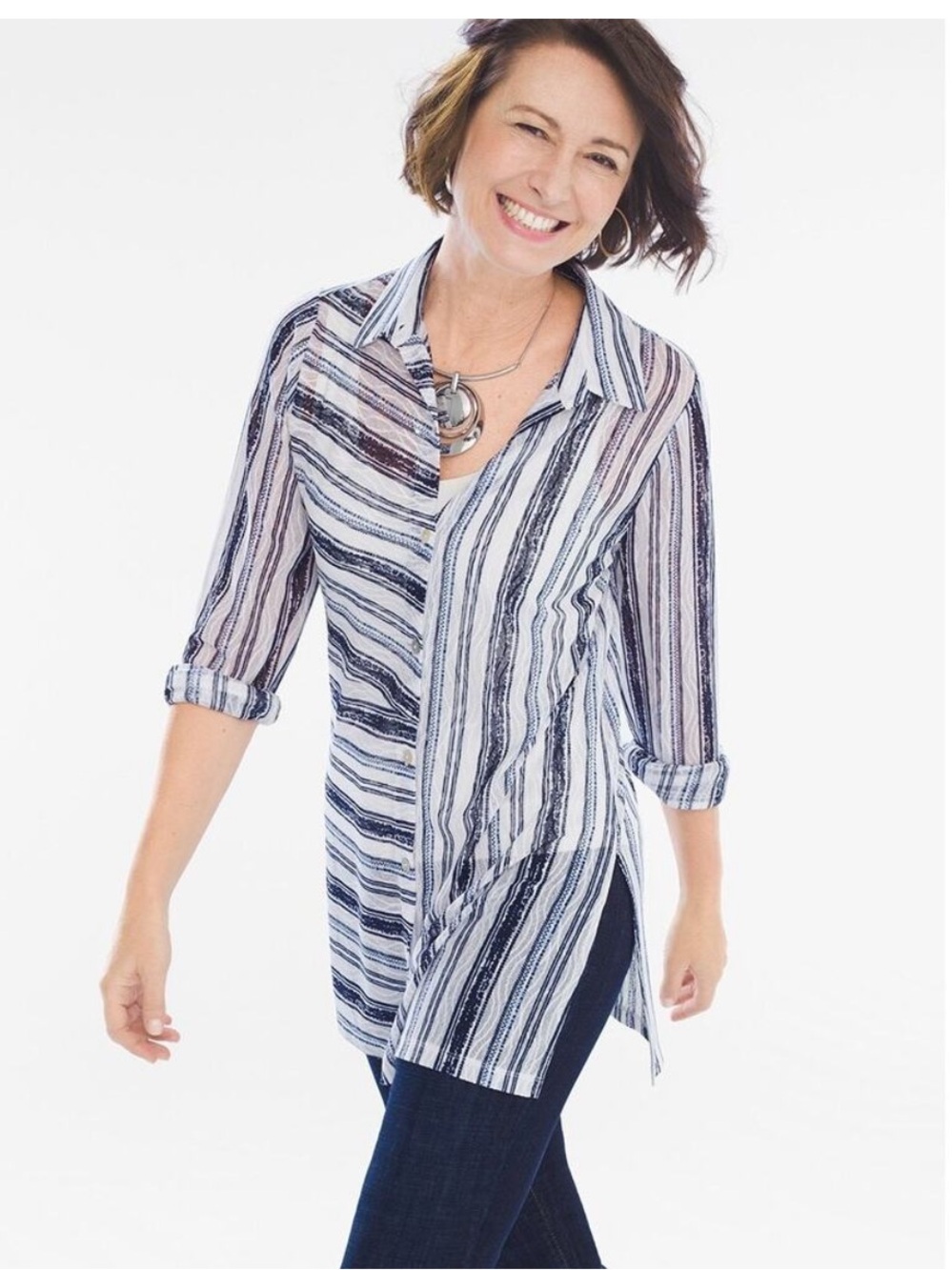 Chicos Travelers sheer striped medium button down shirt jacket